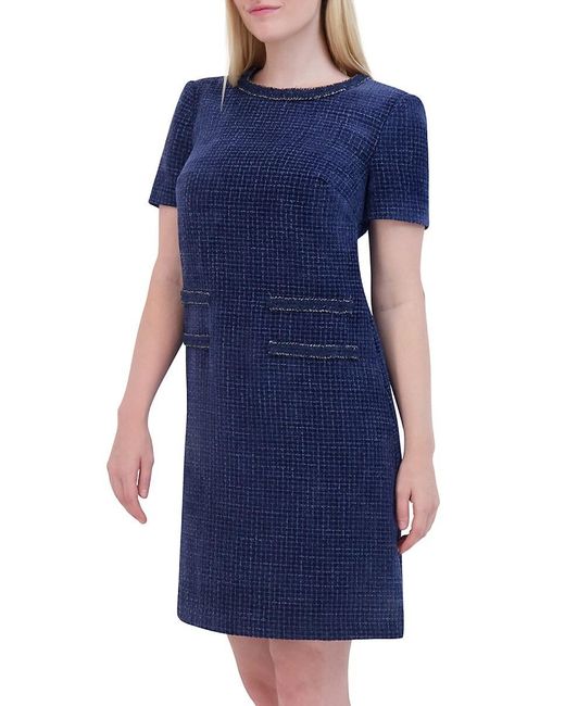 Eliza J Blue Bouclé Shift Dress With Braid Detail