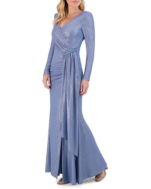 Vince Camuto Blue Metallic Ruched Draped Gown