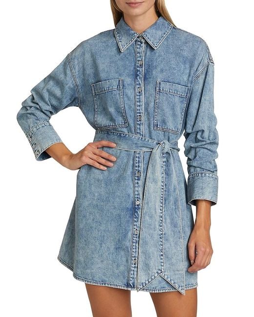 Alice + Olivia Blue Brigita Washed Denim Mini-Shirtdress