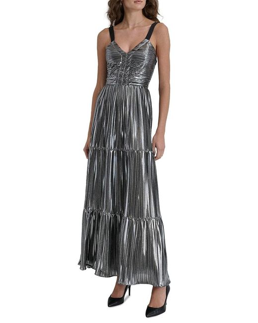 DKNY Gray Sleeveless Foil Plissé Maxi Dress