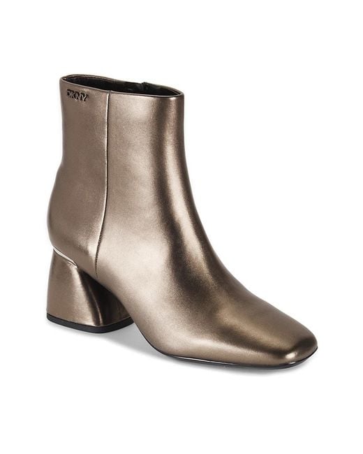 DKNY Brown Caleena Flare Heel Leather Ankle Boots