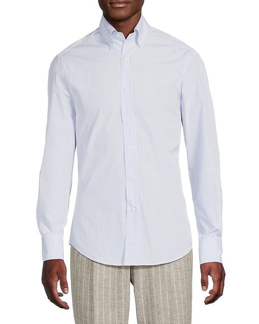 Brunello Cucinelli White Striped Cotton Button-Front Shirt for men