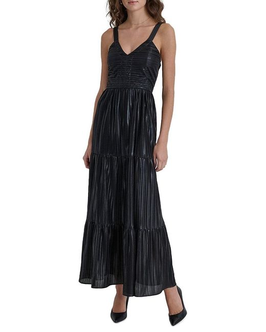 DKNY Gray Sleeveless Foil Plissé Maxi Dress
