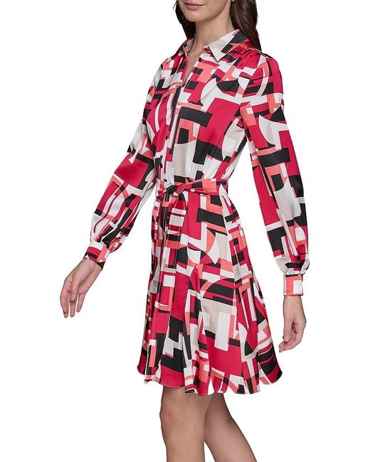 Karl Lagerfeld Red Printed Long-Sleeve Tie-Waist Minidress