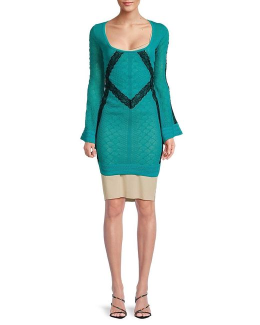 Roberto Cavalli Green Lace Bell Sleeve Bodycon Dress