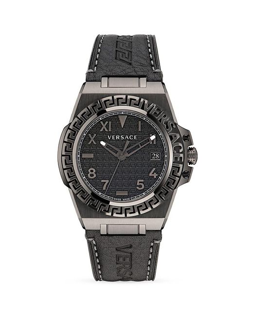 Versace Black Greca Reaction 44mm Ip Gunmetal Stainless Steel Leather Strap Watch for men