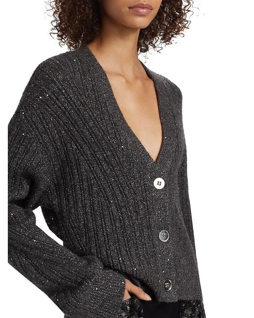 Ramy Brook Black Cornelius Metallic Rib-Knit V-Neck Cardigan