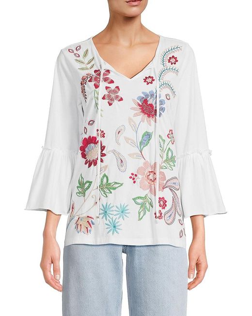Johnny Was Freyde Floral Embroidered Cotton Blouse in White | Lyst
