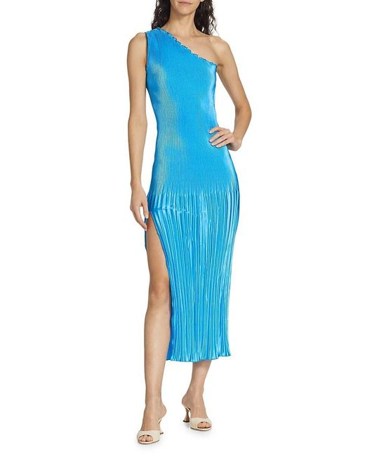 L'idée Blue Soiree Gigi Pleated One Shoulder Midi Dress