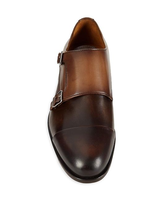 Saks Fifth Avenue Brown Leather Double Monk Strap Loafers for men