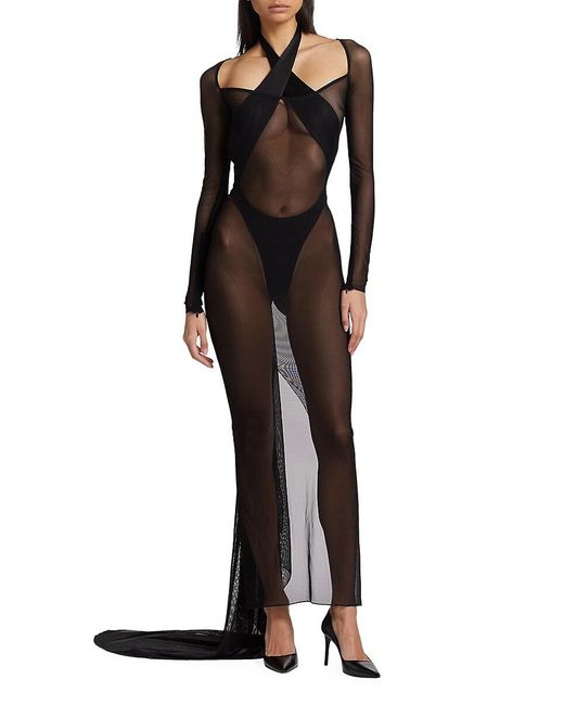 LAQUAN SMITH Black Sheer Mesh Bustled Gown