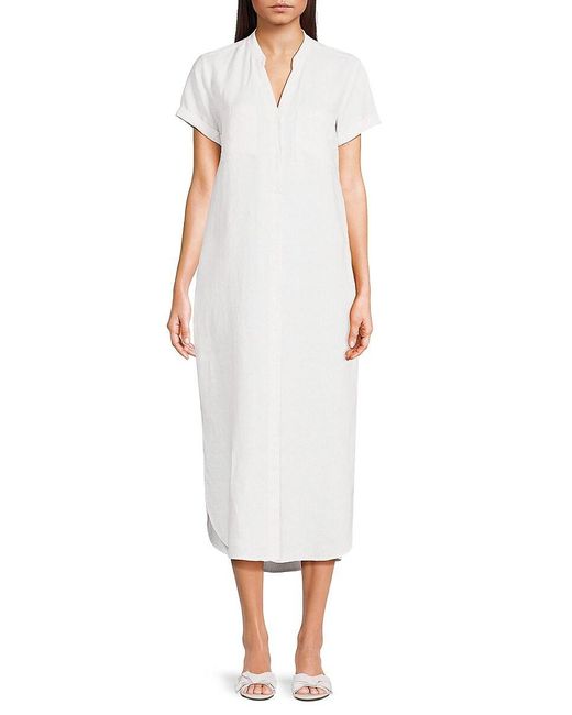 Saks Fifth Avenue White Striped 100% Linen Midi Dress