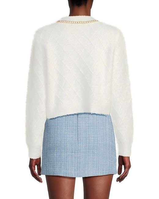 Lea & Viola White Crewneck Braided-Trim Cardigan