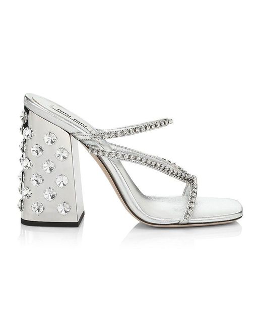 Miu Miu White Silver Crystal Block-heel Sandals