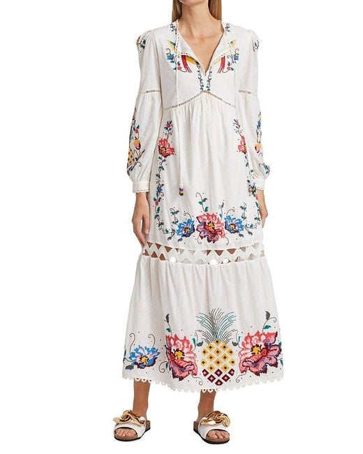 FARM Rio Macaw Crossstitch Embroidered Mididress in White Lyst