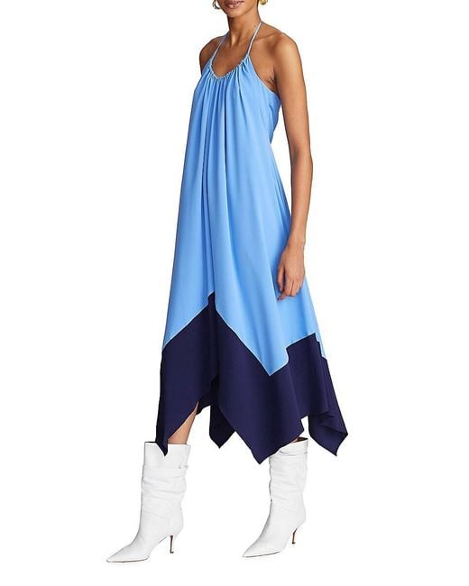 Halston Heritage Blue Two Tone Asymmetric Midi-Dress