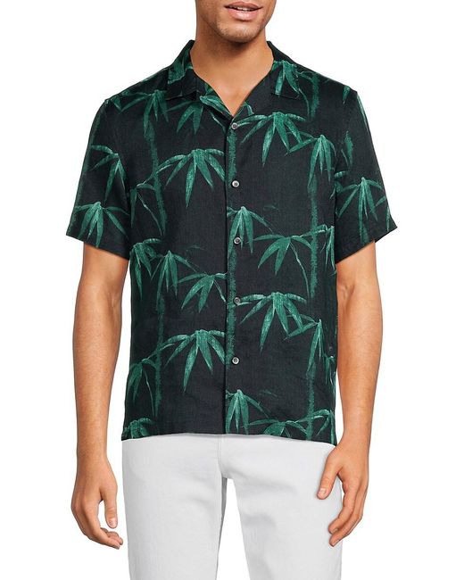 Theory Green Irving Plam Print 100% Linen Camp Shirt for men