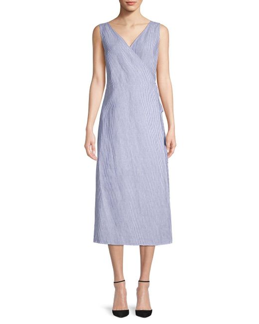 Pure Navy Linen Midi Wrap Dress in 