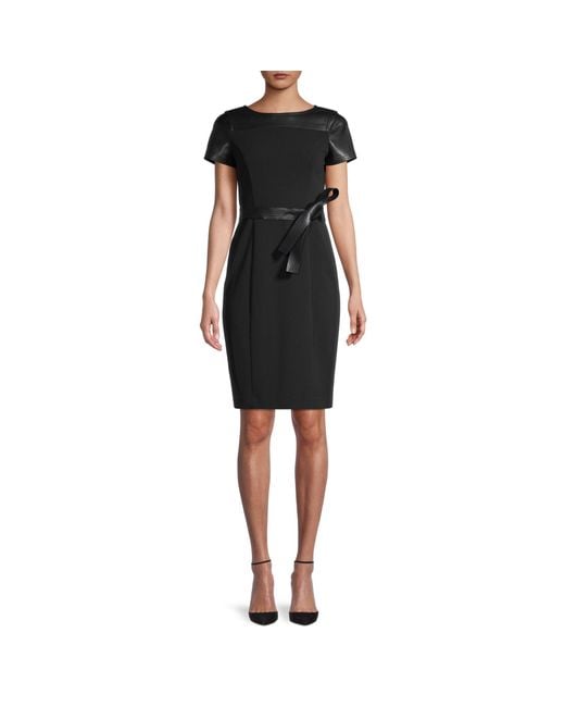 Calvin Klein Belted Faux Leather-trim Sheath Dress in Black - Lyst