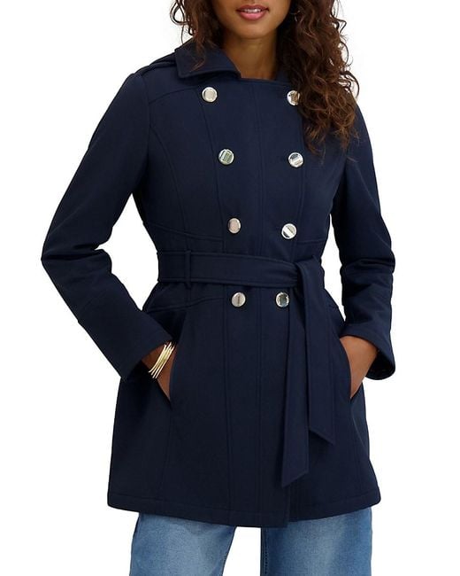 Kensie Blue Softshell Double-Breasted Trench Coat