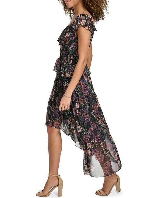Kensie Black Ruffle Floral High-Low Midi-Dress