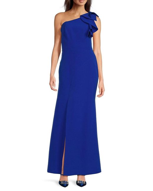 Eliza J Ruffle One-Shoulder Gown in Blue Lyst