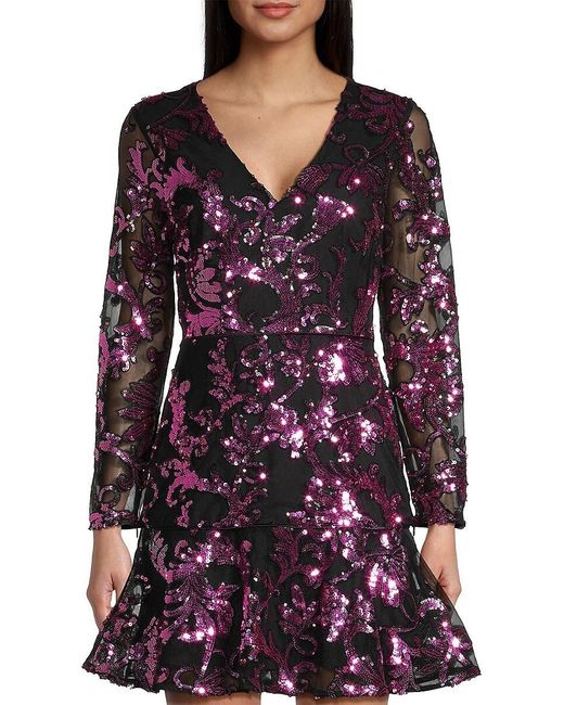 MILLY Red Sequined Long-Sleeve Minidress