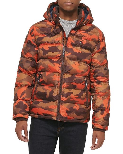 Tommy Hilfiger Orange Typographic Print Hooded Puffer Jacket for men