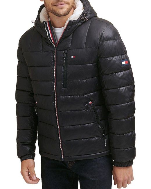 Tommy Hilfiger Faux Fur Hooded Puffer Jacket in Black for Men | Lyst