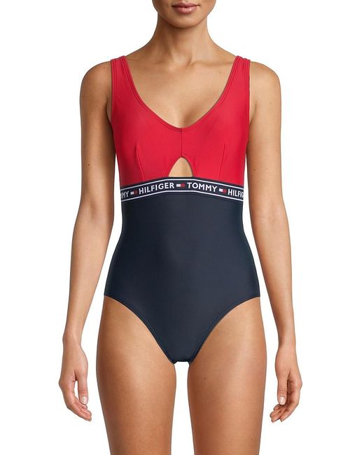 Tommy Hilfiger Synthetic Elastic Logo One-piece Swimsuit in Navy Red (Red)  - Lyst