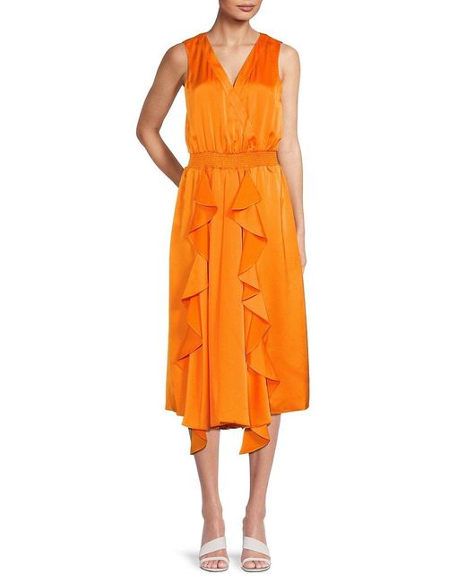 Karl Lagerfeld Orange Surplice Ruffled Midi-Dress