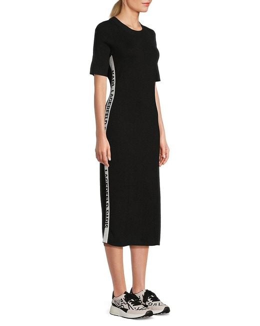 Karl Lagerfeld Black Logo-Trim Knit Midi-Dress