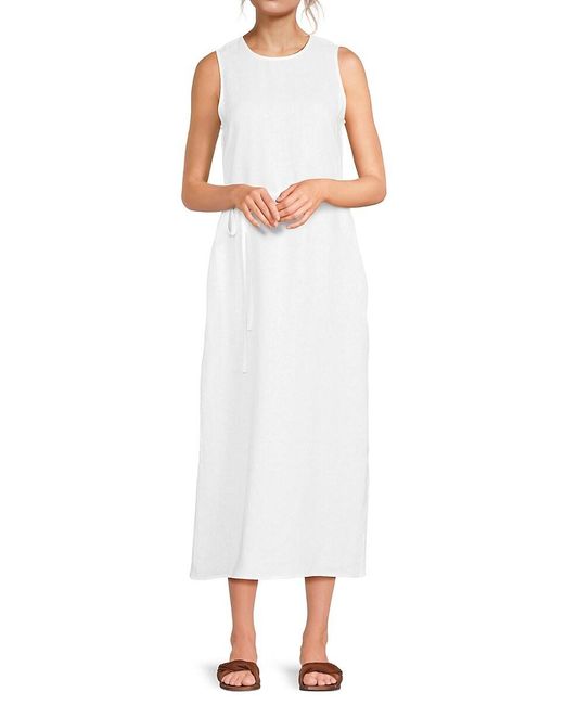 Saks Fifth Avenue White Belted 100% Linen A-Line Midi-Dress