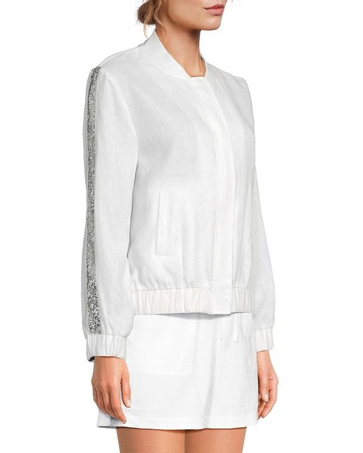 Saks Fifth Avenue White 100% Linen Sequin Stripe Bomber Jacket