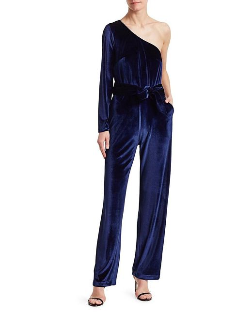 Carolina Ritzler One-shoulder Velvet Belted Jumpsuit in Blue | Lyst
