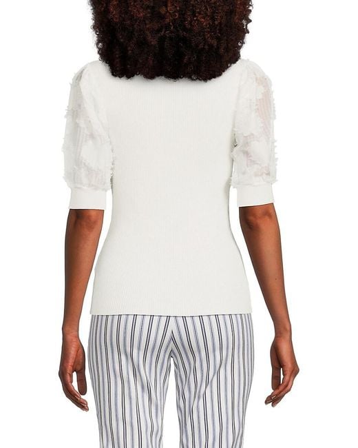 Tahari White Ribbed Blouson Sleeve Top