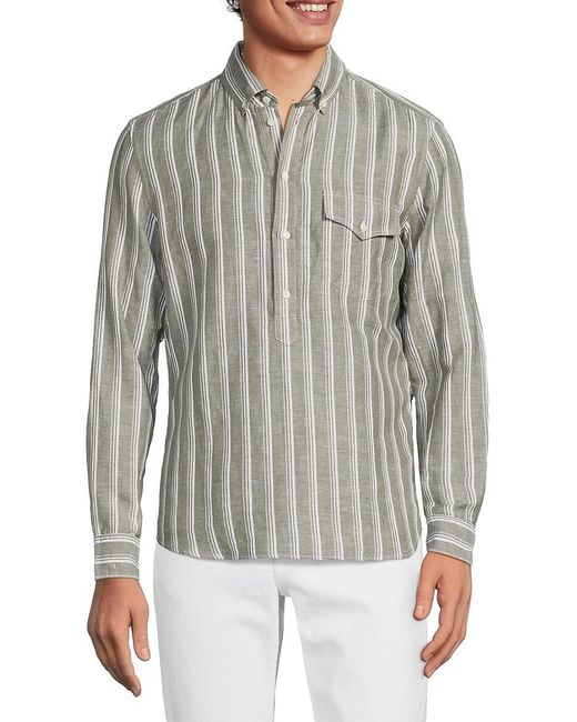 Brunello Cucinelli Gray Easy Fit Linen Blend Striped Half Placket Button Down Shirt for men