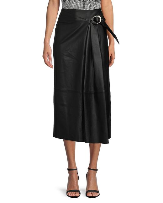 Vince Wavy Buckle Leather Midi Skirt in Black | Lyst