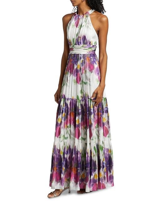 Kobi Halperin Purple Nava Floral Metallic-Satin Halterneck Maxi Dress