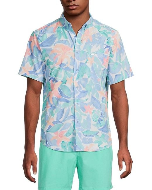 Vintage Summer Blue Tropical Stretch Button-Down Shirt for men