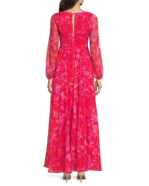 Monique Lhuillier Red Emery Printed Chiffon Long-Sleeve Gown
