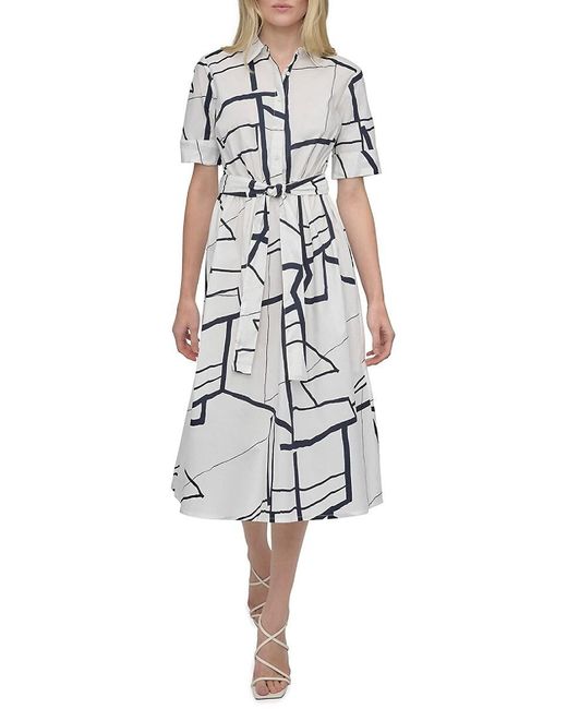 DKNY White Abstract Short Sleeve Midi Shirtdress