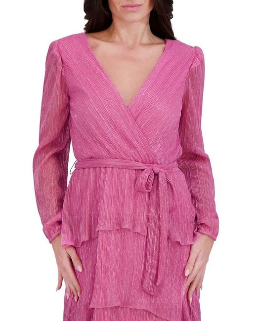 Kensie Pink Metallic Pleated Tiered Midi-Dress