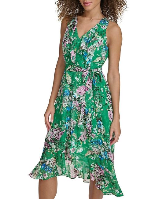 Kensie Green Floral Wrap Knee Length Dress