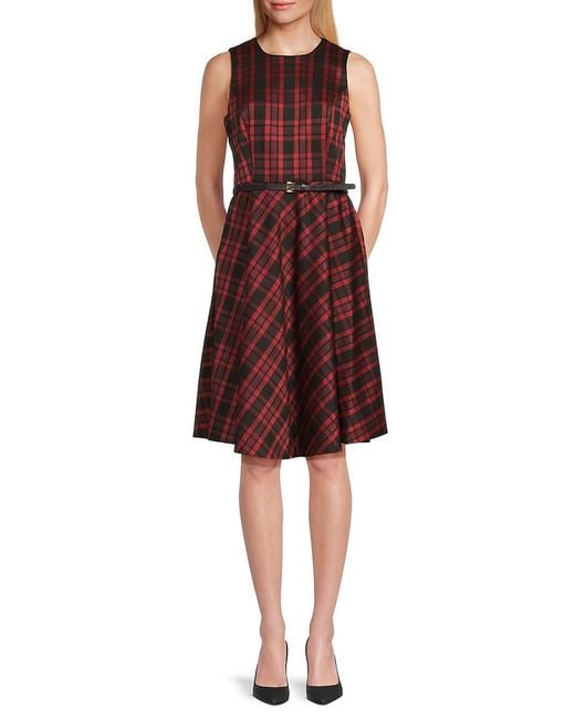 Tommy Hilfiger Red Plaid Belted Sleeveless Dress