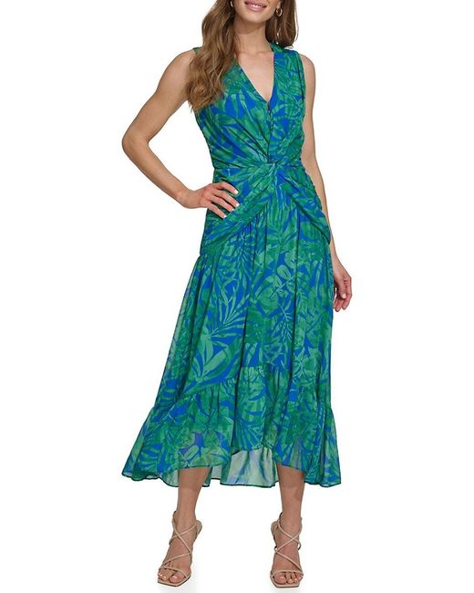 DKNY Green Sleeveless Twist-Front Midi-Dress