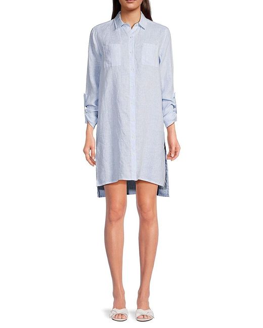 Saks Fifth Avenue Blue 100% Linen Side Slit Shirt Dress