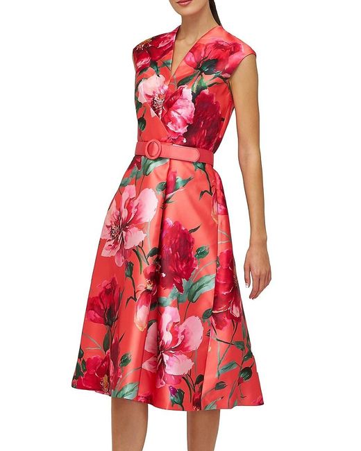 Kay Unger Red Rosemund Floral Mikado Midi-Dress