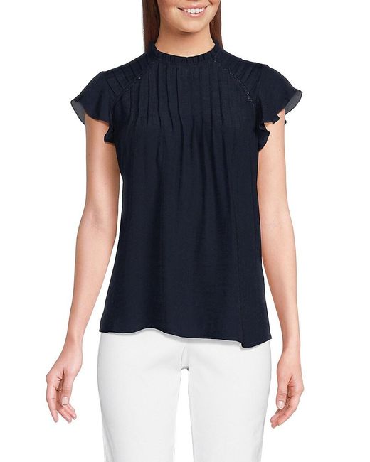 Nanette Lepore Blue Solid Ruffle Pleated Top