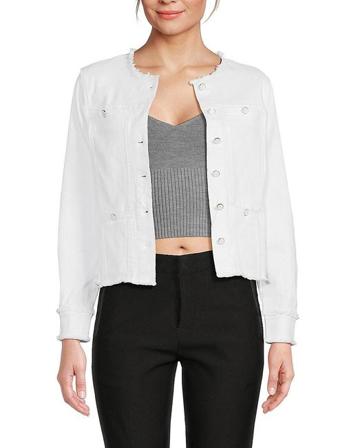 Ecru White Frayed Collarless Denim Jacket